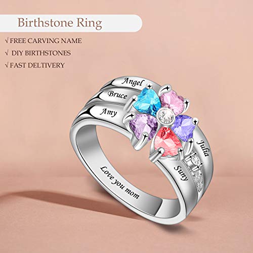 Bauma Auto Personalized Sterling Silver Mothers Rings With 5 Simulated Birthstones Rings For Mom Mothers Days Rings Family Name Rings For 5 Mother's Christmas Rings For Mom Friendship Rings (Sliver) #TOP4