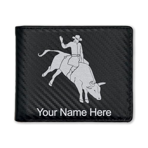 LaserGram Faux Leather Bi-Fold Wallet, Bull Rider Cowboy, Personalized Engraving Included (Carbon Fiber Black with Silver)