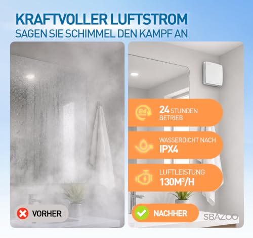 SBAZOO 100mm Leiser Badlüfter 130m³/h für Badezimmer, Garage, WC– Weiß – Ansicht 2