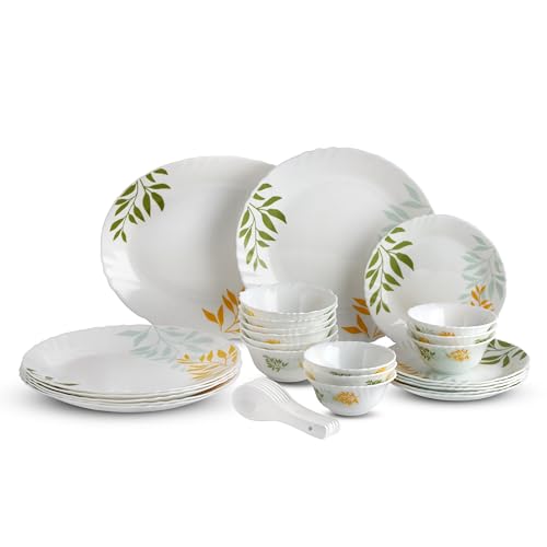 Image of Cello Imperial Series Opalware Dinner Set 33 Pcs | Lush Foliage | Opal Glass, Lightweight & Chip-Resistant | Microwave Safe, Dishwasher Safe | Scratch-Resistant Dinnerware | White