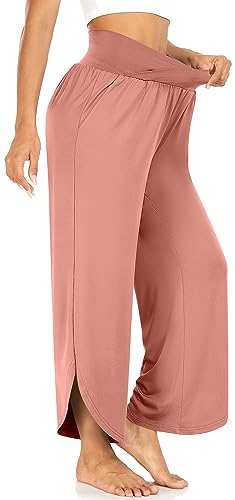 Image of TARSE Women's Wide Leg Yoga Pants Cross High Waist Flowy Split with Pockets | Comfy Lightweight Stretch, Flare Hem Cropped, Loose Dance Pants, Travel & Lounge, Everyday Casual Wear