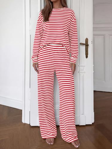 BTFBM Striped Lounge Set Sweatsuits Women 2 Piece Outfit,White Red,XXL — view 2