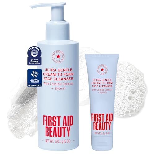 First Aid Beauty Ultra Gentle Cream-to-Foam Facial Cleanser Fragrance Free Makeup Removing Face Wash with Colloidal Oatmeal & Glycerin for Sensitive & Acne-Prone Skin 6+1 oz