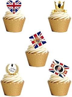 24 Stand Up Union Jack & Gold King Charles III Coronation Themed Edible Wafer paper Cake Toppers Decorations