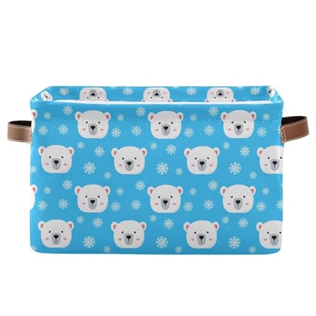 Snowflake Bear Pattern Storage Baskets for Shelves, Foldable Cube Storage Bin with Handles, Fabric Closet Organizers for Storage Clothes, Toy, Books, Towels, 14.2 x 10.2x 8.3 Inch