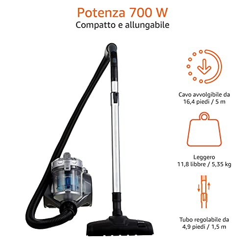 Amazon Basics aspirapolvere cilindrico senza sacchetto 15KC-71EU4, potente per pavimenti duri e tappeti, filtro Hepa, compatto e leggero, 700 W, 1.5 L, Nero/Blu - Immagine 3