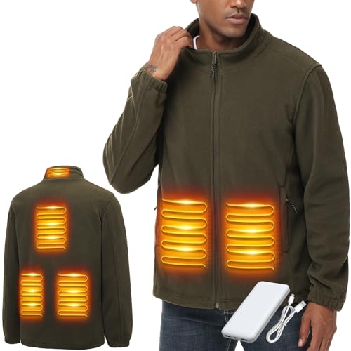 Beheizbare Weste, Heizweste für Damen Herren, Beheizte Jacke mit 10000mAh Powerbank, C1 Polarfleece Heizjacke, USB Wärmeweste mit Akku (DE/NL/SE/PL, Alphanumerisch, XXL, Regular, Regular, Olivgrün)