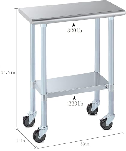 Image of ROCKPOINT Stainless Steel Table for Prep & Work with Caster Wheels 14x30 Inches, NSF Metal Commercial Kitchen Heavy Duty Table with Adjustable Under Shelf and Table Foot for Restaurant, Home and Hotel