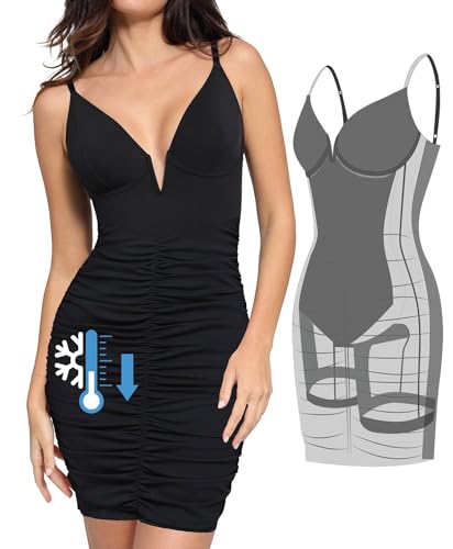 Image of Popilush Corset Midi Dress for Women, Built-in Bra Shapewear Ruched Dress | Adjustable Straps, Tummy Control, Deep V Neck, Cocktail Parties