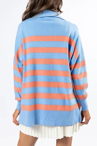 Women Oversized Pullover Sweaters Quarter Zip Long Sleeve Striped Sweatshirt Cozy Fall Knit Sweater Tops4
