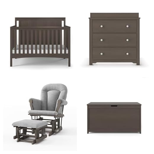 Child Craft Scout 4-Piece Nursery Set, Includes 4-in-1 Convertible Crib, Dresser with Changing Table Topper, Cozy Glider, and Toy Box (Dapper Gray)