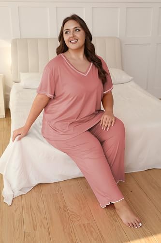 Image of Vozanet Women's Plus Size Pajama Sets Short Sleeve Long Pants Solid Color with Piping Trim Elegant Loungewear Cozy Sleepwear