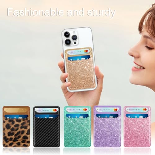 Image of Self Adhesive Card Holders for Back of Phone, Leather RFID Phone Wallet Pockets Stick On, Credit Card Holders Sleeve for Phone Case Compatible with Most of Smartphones, Glitter Gold