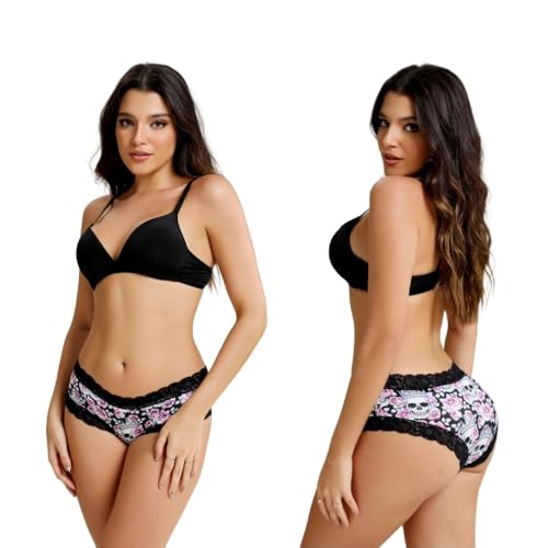 6pcs Gothic Chic Low Rise Bikinis Contrast Lace, Skull & Eyeballs & Stars Print, Women Comfortable Hipster Panties3