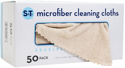 S&T INC. 50 Pack Microfiber Cleaning Cloth with Box, Bulk Towels for Home, Reusable Microfiber Towels for Cars, Cleaning Rags, Beige, 11.8 Inches x 11.8 Inches, 50 Count