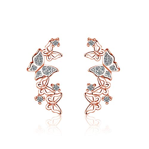 Hollow Butterfly CZ Cuff Wrap Studs Earrings for Women Girls Pierced Ear Sterling Silver Plated Fashion Cubic Zirconia Cute Filigree Crawler Climber Hypoallergenic (Rose Gold)