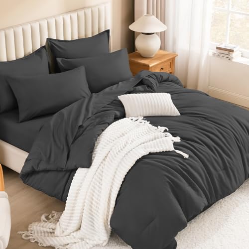 Image of Litanika Comforter Full Size Set Dark Grey - 7 Pieces Bed in a Bag Full Bedding Comforter Sets, Plain Lightweight Bed Set with Comforter, Sheets, Pillowcases & Shams