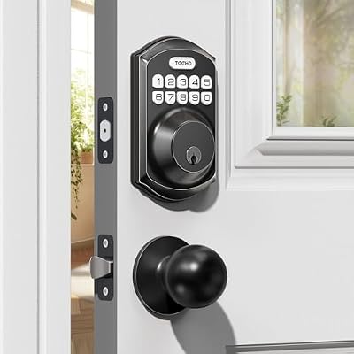 TEEHO TE001K Keyless Entry Door Lock with Handle, Electronic Keypad Deadbolt with 2 Knobs, High-Security Front Door Handle Set for Home & Rental, Smart Auto-Locking, Easy Install, Matte Black