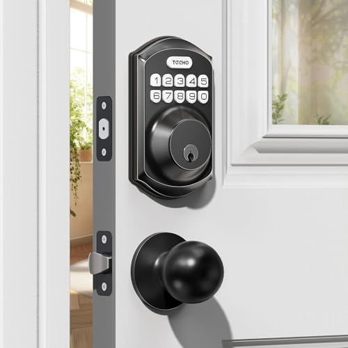 TEEHO TE001K Keyless Entry Door Lock with Handle, Electronic Keypad Deadbolt with 2 Knobs,...