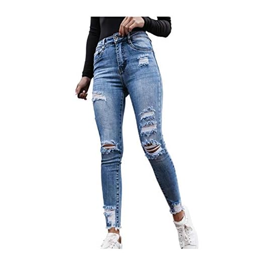 BIBOKAOKE Dam jeans stretch hög midja hål jeans smala snygga hål rörjeans ritade hotpants fritid slitna jeans smal passform destroyed denim byxor streetwear byxor