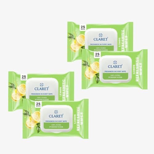 Image of Claret Refreshing Wet Wipes With Natural Lemon Extract For Face & Body | 25 Pulls | 100% Ultra Purified Water | pH Balanced & Alcohol-Free (Pack of 4)