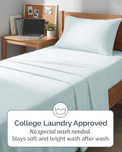 Image of Twin XL 4 Piece Sheet Set - College Dorm Room Essentials - Ice Blue | Ultra Soft Dorm Bedding Set, 8 inch to 16 inch Inch Deep Pockets, 1 Flat & 1 Fitted Sheet & 2 Pillowcases, Wrinkle & Fade Free