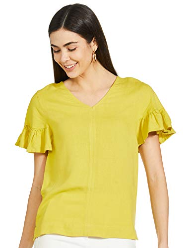 Image of Marks & Spencer Womens Solid Linen Blend V-Neck Regular Fit Top