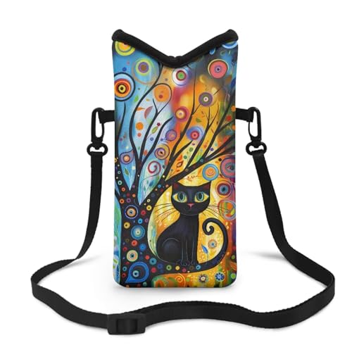 Garucesta Phone Bag with Crossbody Strap Phone Sleeve Bag for Men Women Waterproof Mobile Phone Protection Pouch for iPhone 13/12, for Samsung S24/23, Black Cat Tree Colorful Circle Painting Print