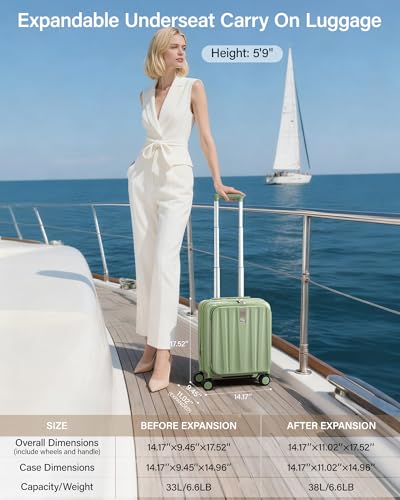 Image of Hanke 45cm Expandable Mini Cabin Trolley Bags, Hard Shell Polycarbonate Top Opening Suitcase, 8 Silent Spinner Wheels, Lightweight Carry On Luggage for Daily Commute & Short Travel,Bamboo Green