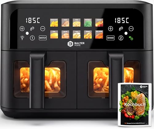 Balter Heißluftfritteuse 2 Kammern mit Sichtfenster 9L (2x4,5L) - 2400W Airfryer XXL Doppelkammer, 10 Programme, Dual Zone & Sync Finish, ohne Öl, Touchscreen, inkl Rezeptheft, HL-901 1