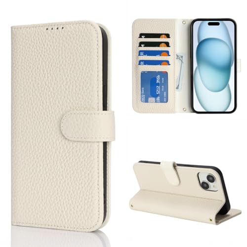Coque iPhone 15 étui cuir véritable flip portefeuille magnétique antichoc beige