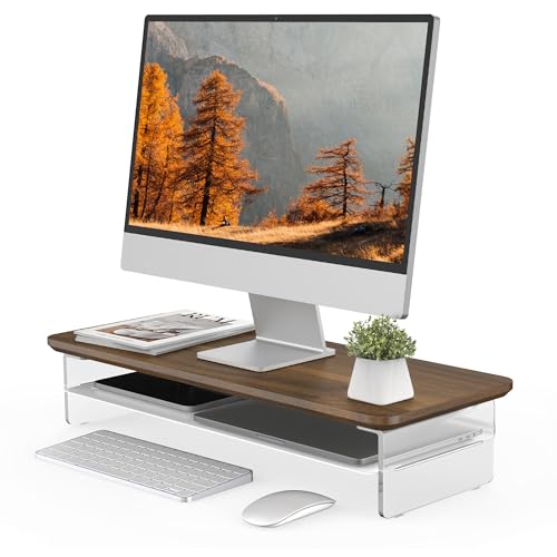 Image of Fenge 23.6 inch Dual Monitor Stand with Clear Acrylic Legs, Brown | Clear Acrylic, Storage Compartment, 2-tier Home Office Monitor Riser, Desktop Shelf Fit Monitor /Laptop /Printer