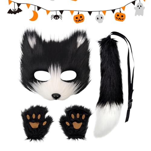 キッズ フォックス コスチューム,ハロウィンコスプレ衣装,面白いコスチューム動物仮面しっぽセット | 男女兼用 仮面舞踏会 祭り パーティー用