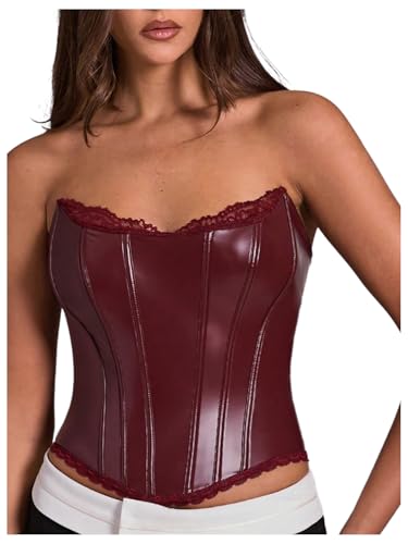 WDIRARA Women's PU Leather Corset Tube Top Lace Up Back Strapless Bandeau Bustier Crop Tops
