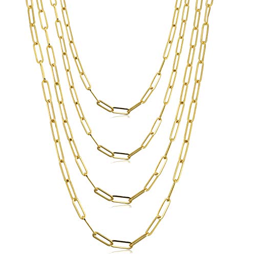 14K Gold Plated Chain Necklace for Women Paperclip Linked Chain Necklace Stainless Steel Flat Snake Chain Necklace Set 4Pcs