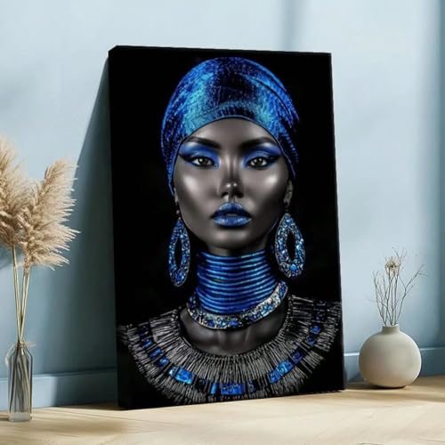 Cadre 70x110 cm affiche femme africaine peinture murale design bleu