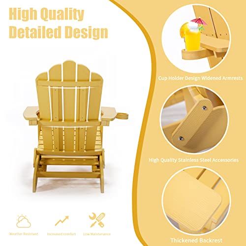 Adjustable Backrest Adirondack Chair, Folding Adirondack Chair With Pullout Ottoman With Cup Holder, Lawn Outdoor Fire Pit Chairs, For Patio Deck Garden, Backyard (Yellow) #TOP3