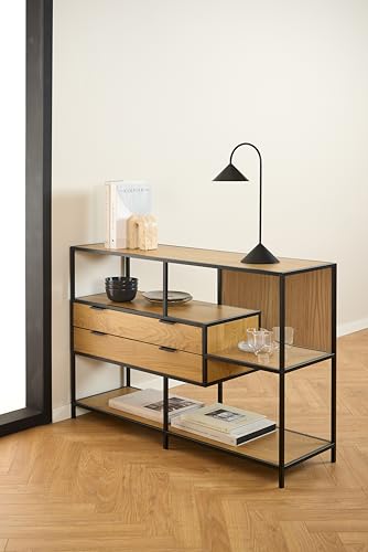 Estantería con estructura de acero negro mate y 2 cajones Jörn de roble 8