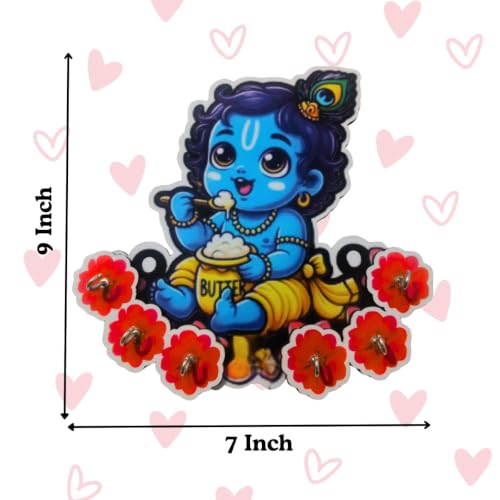 Image of Cute Krishna Wall-Mounted Key Holder, Peacock Feather & Floral Art, 20x25 cm, 7 Hooks, Pink UV Printed Design, Decorative Key Stand - Home & Office (Red Blue Krishna)