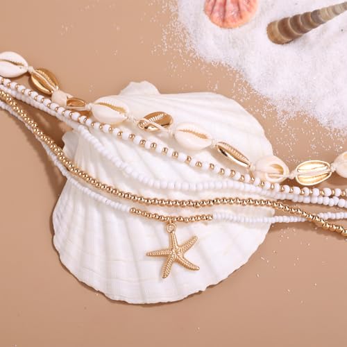 5pcs Summer Beach Necklace, Boho Shell Seashell Starfish Beaded Surfer Necklaces Set for Women Holiday Vacation Party Ocean Friendship Jewelry Gift3