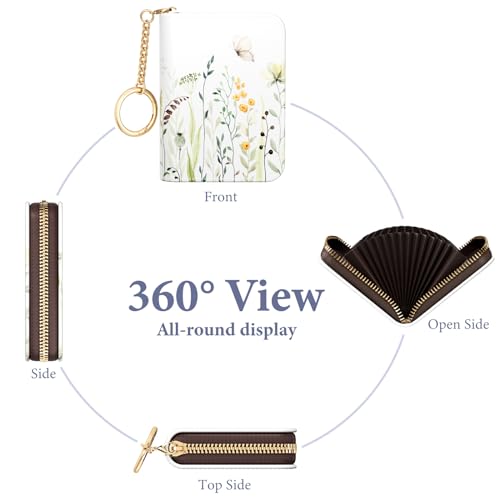 Image of Credit Card Holder RFID Wallet for Women, Small Leather Card Organizer Case with Zipper and Keychain, Weeds