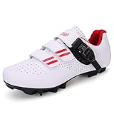[Vedica] サイクリングシューズ spd/spd-sl ビンディングシューズ 幅広 ロードバイク靴 マジックテープ 自転車シューズ ベルクロ 滑りにく ダイヤル式 履きやすい MTB 初心者 サイクリングシューズ メンズ用＆ レディーズ用 (28.0 cm,1#ホワイト/レッド-MTB)