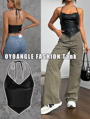 OYOANGLE Women's PU Leather Going Out Top Summer Sleeveless Draped Halter Crop Tank Cami Top2