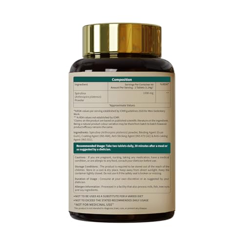 Image of Neuherbs Spirulina 1000mg Per Serving - 120 Tablets | Boost Energy, Immunity & Metabolism | Supports Weight Management |