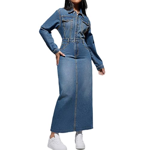 Amazon.com: Women's Maxi Denim Dress Long Sleeve Lapel Button Slit