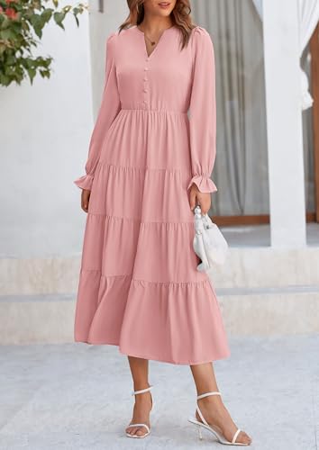 PRETTYGARDEN Long Sleeve Dress for Women 2025 Fall V Neck Tiered Aline Spring Elegant Modest Flowy Wedding Guest Maxi Dresses