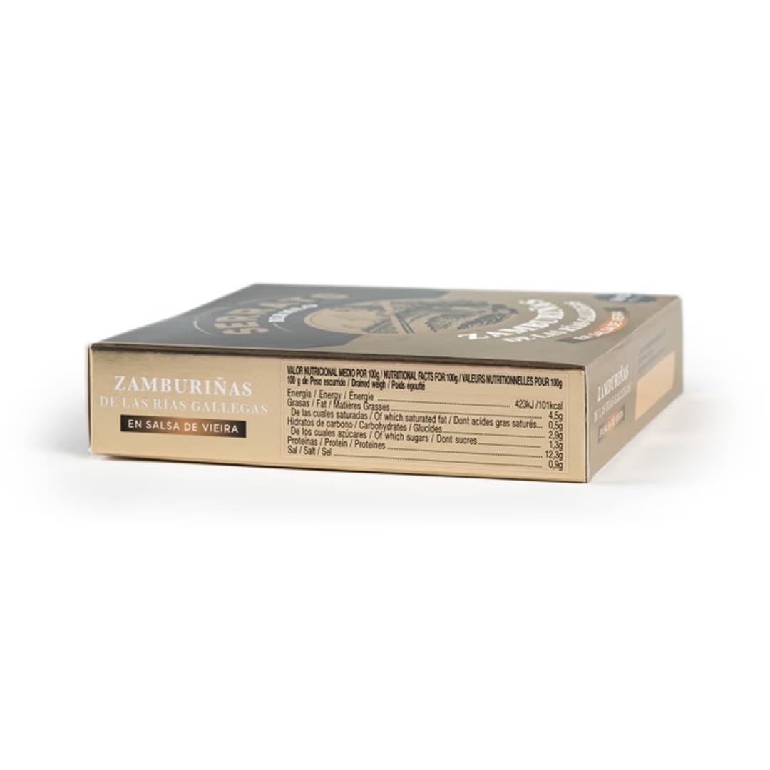 CONSERVAS SERRATS - Zamburiñas de las Rías Gallegas en Salsa de Vieira 14/18 Piezas por Lata - 8 latas x 110g (Total: 880g) - Elaboración Artesanal desde 1890 - Sin Gluten, Rico en Omega 3