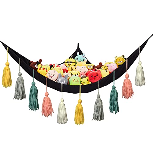 Stuffed Animal Net or Hammock, LXUNYI Toy Net Hammock Jumbo Stuffed Animals Hammock Plush Toys Wall Hanging Storage Corner Net for Stuffed Animals (Black with Tassels) Stuffed Animal Net or Hammock, LXUNYI Toy Net Hammock Jumbo Stuffed Animals Hammock Plush Toys Wall Hanging Storage Corner Net for Stuffed Animals (Black with Tassels)