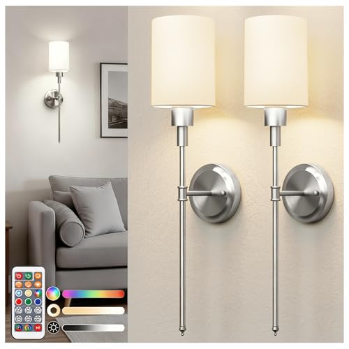Image of DORESshop Battery Operated Wall Sconce Set of 2, Wireless Wall Light Easy to Install, 7 Color Rechargeable Wall Sconces, Sconce Wall Decor Set of 2 for Bedroom, Living Room, Nickel, 24.3in