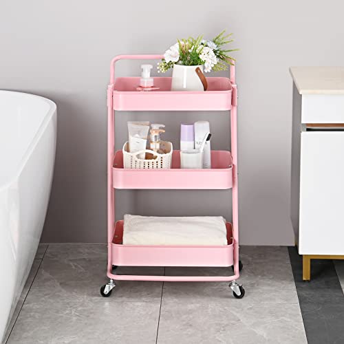 TOOLF 3-Tier Metal Rolling Utility Cart with Lockable Wheels for Kitchen, Bathroom, and Office